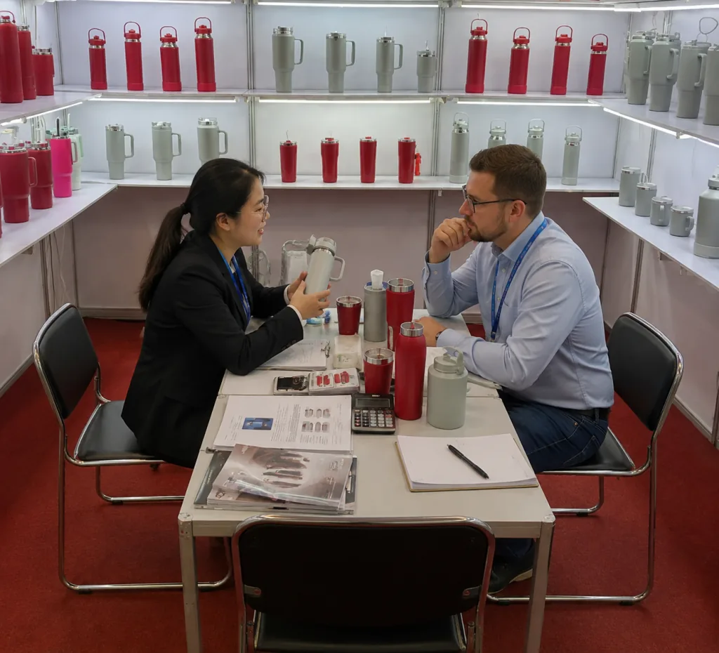 Product discussion at the exhibition booth in the supplied company materials